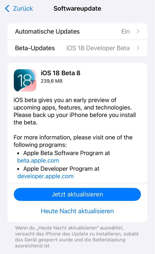 巴中苹果手机维修分享苹果 iOS / iPadOS 18 开发者预览版 Beta 8 发布 